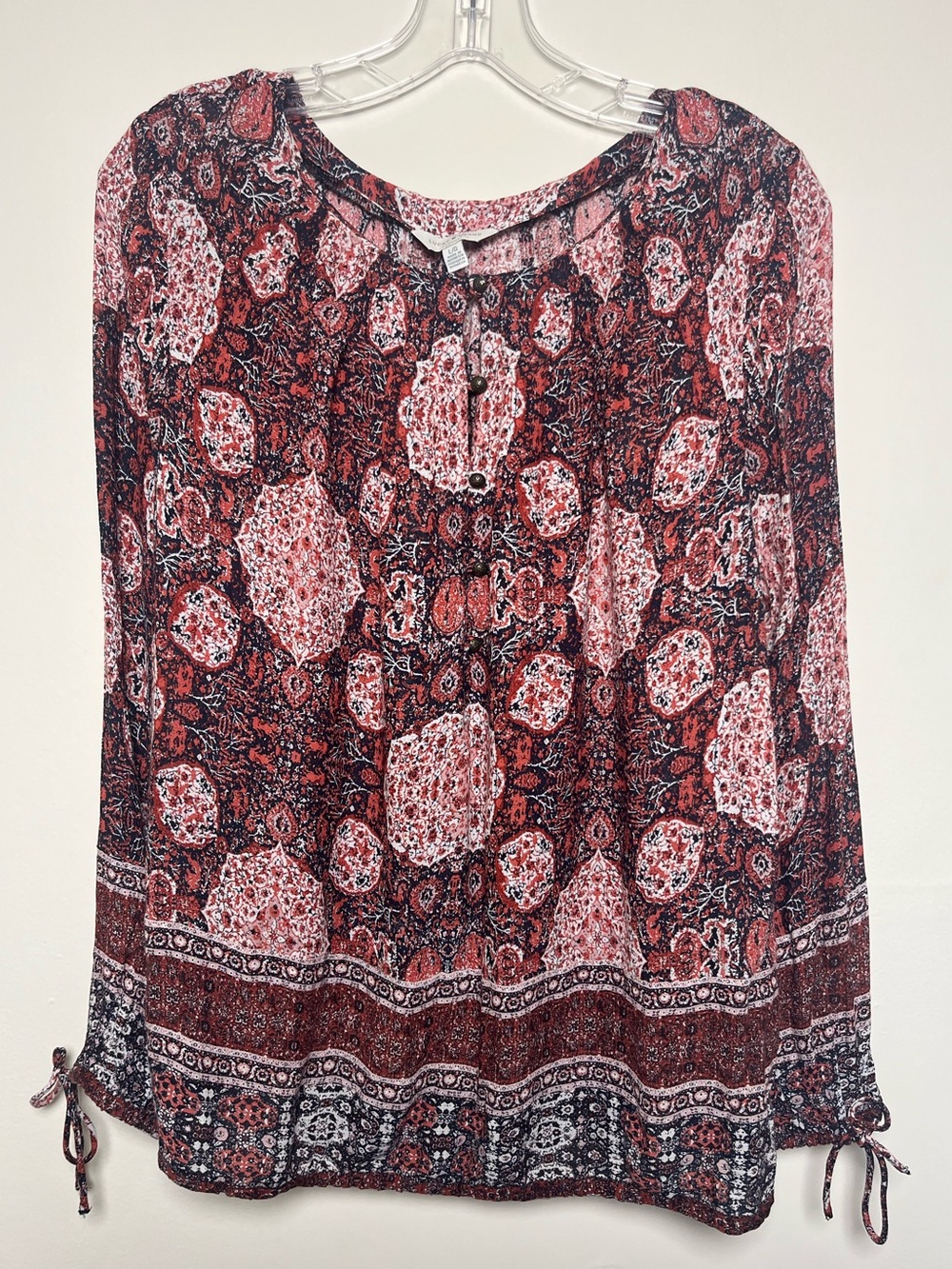 Women's Lucky Brand Boho Peasant Tie Cuff Red and Black Paisley Tunic Size L